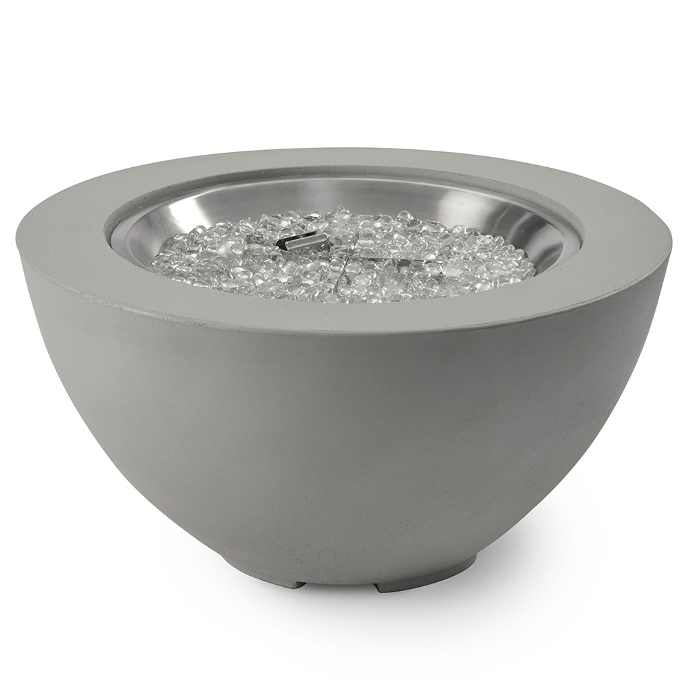 Grey bowl gas fire pit with clear glass fire media in stainless ring
