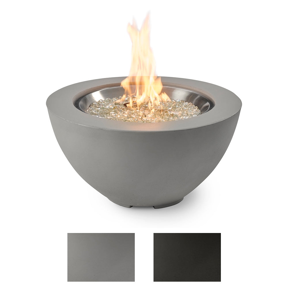 Grey bowl gas fire pit with visible flame inside stainless ring