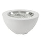 White bowl gas fire pit with clear glass fire media in stainless ring