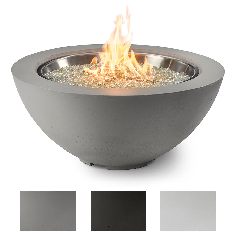 Dark grey gas fire pit bowl with flames and glass burner media