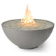 Gas fire pit with dark grey bowl and tall flame over sparkling burner surface