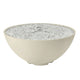 Gas fire pit with light beige bowl and sparkling stone burner surface