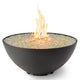 Gas fire pit with dark grey bowl and flame above spark-filled burner pan