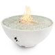 Gas fire pit with white bowl, side ignition panel, and flame over burner