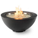 Gas fire pit bowl with black exterior and visible flames, stainless rim