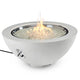 White gas fire pit bowl with flames and control knobs on the side