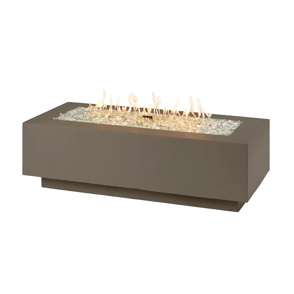 Linear gas fire pit table in taupe with flames and lava stones