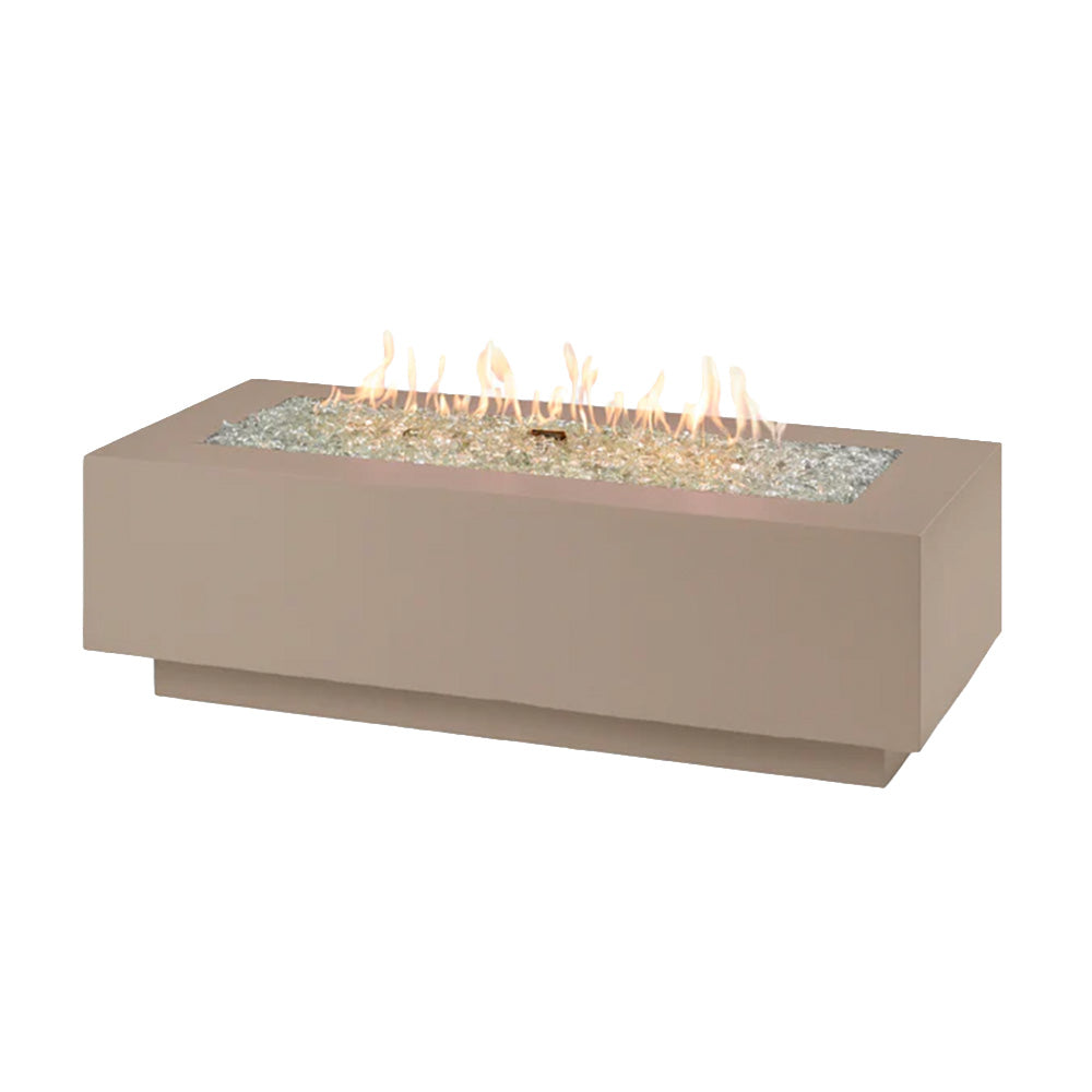 Linear gas fire pit table in taupe with long burner tray and visible flames