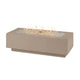 Linear gas fire pit table in taupe with long burner tray and visible flames
