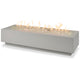 Linear gas fire pit table in white with glass fire bed and flames, rectangular shape
