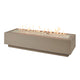Linear gas fire pit table in linen with clear glass fire bed and flames