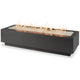 Linear gas fire pit table in midnight mist with clear glass fire bed and flames