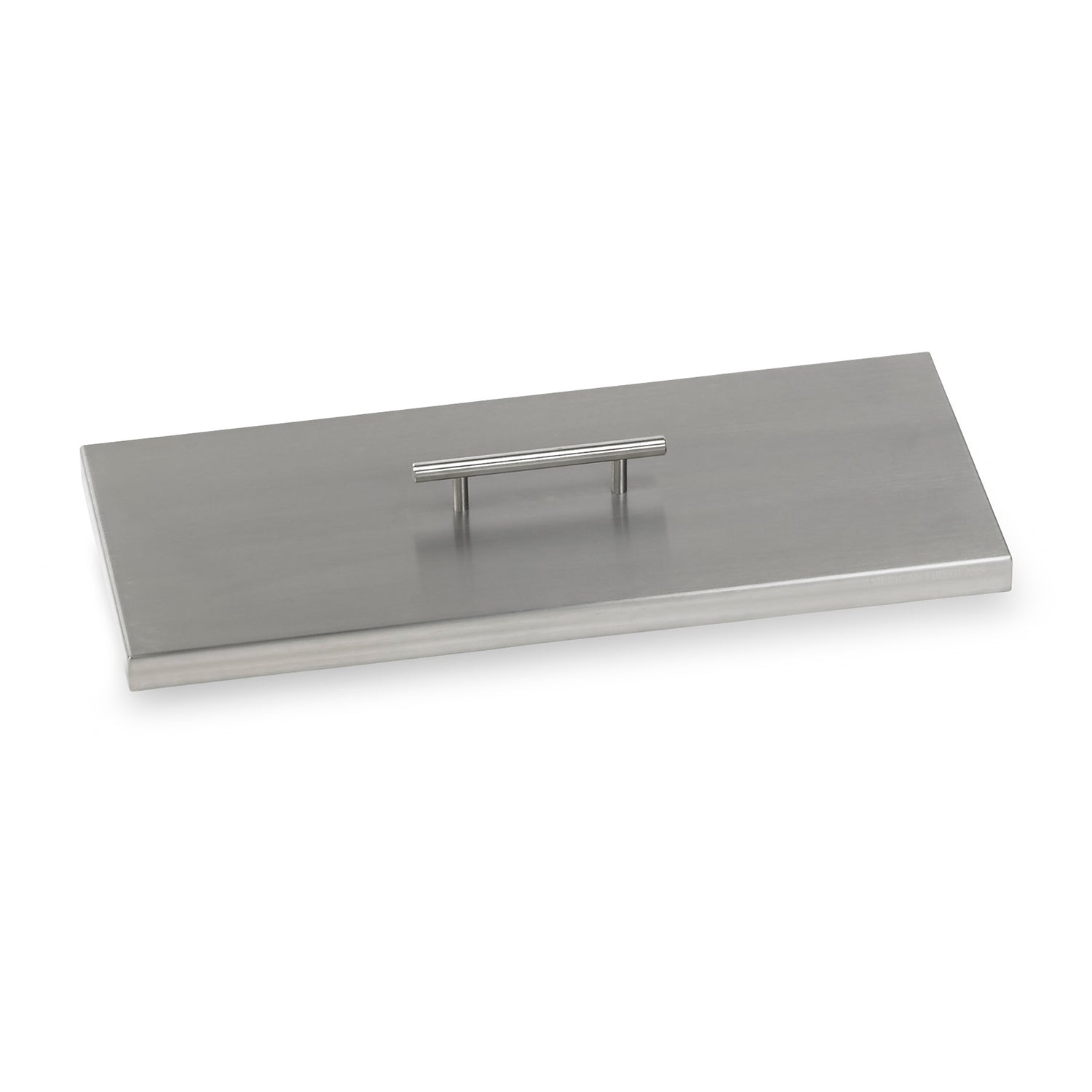 Rectangular stainless steel fire pit burner cover with two metal handle tabs