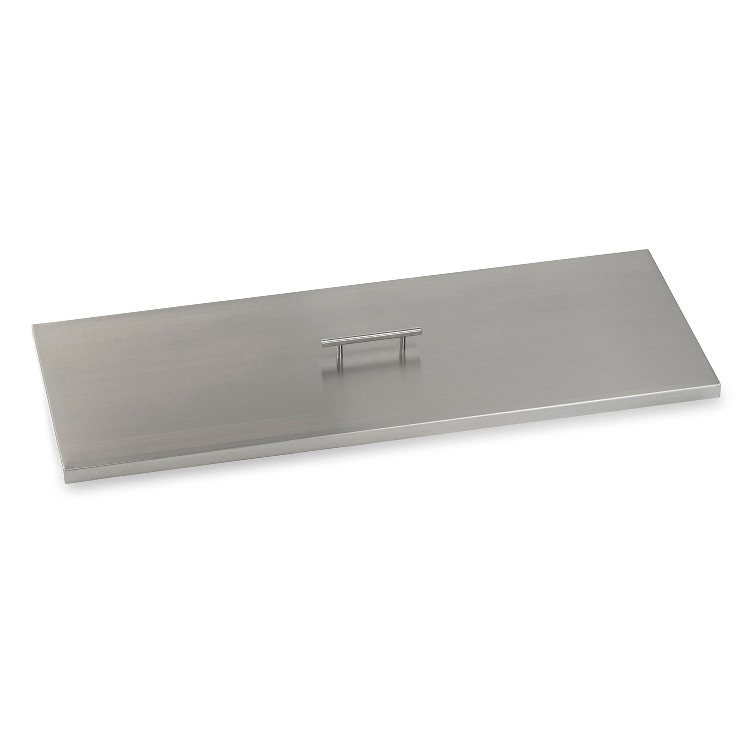 Rectangular stainless steel fire pit burner cover with centered latch handle