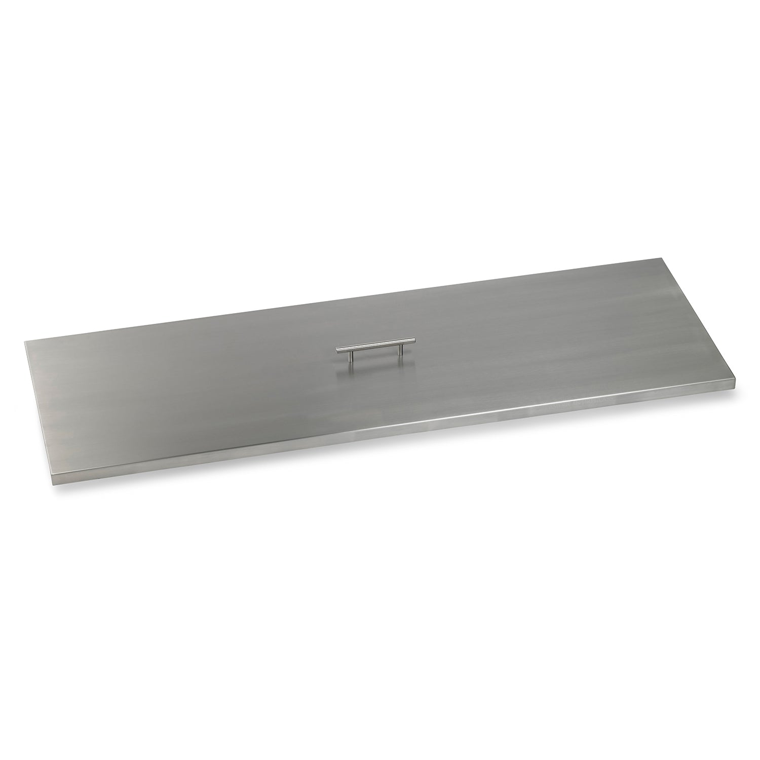 Rectangular stainless steel fire pit burner cover with central lifting handle, 51x17 in