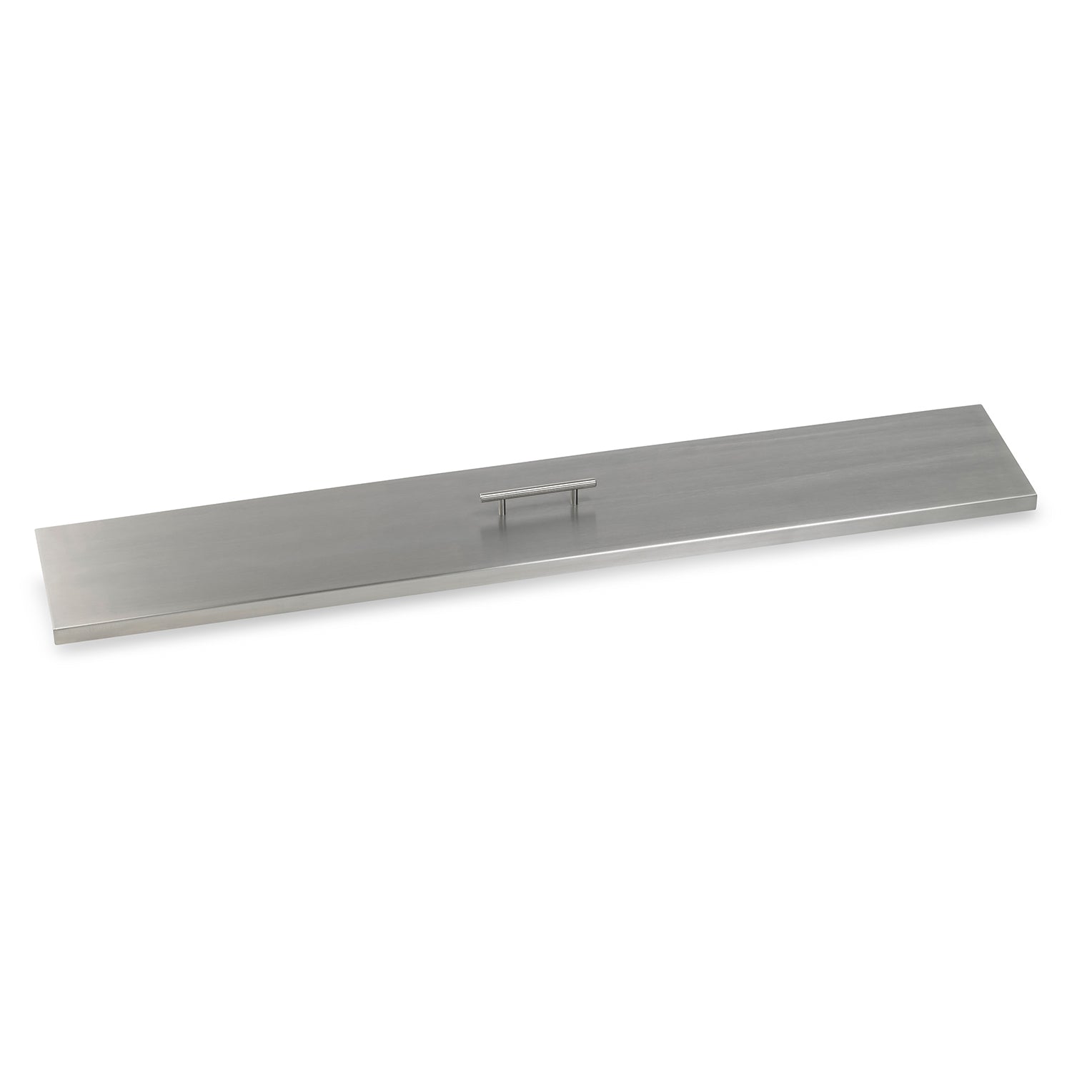 Linear stainless steel fire pit burner cover with centered handle tab
