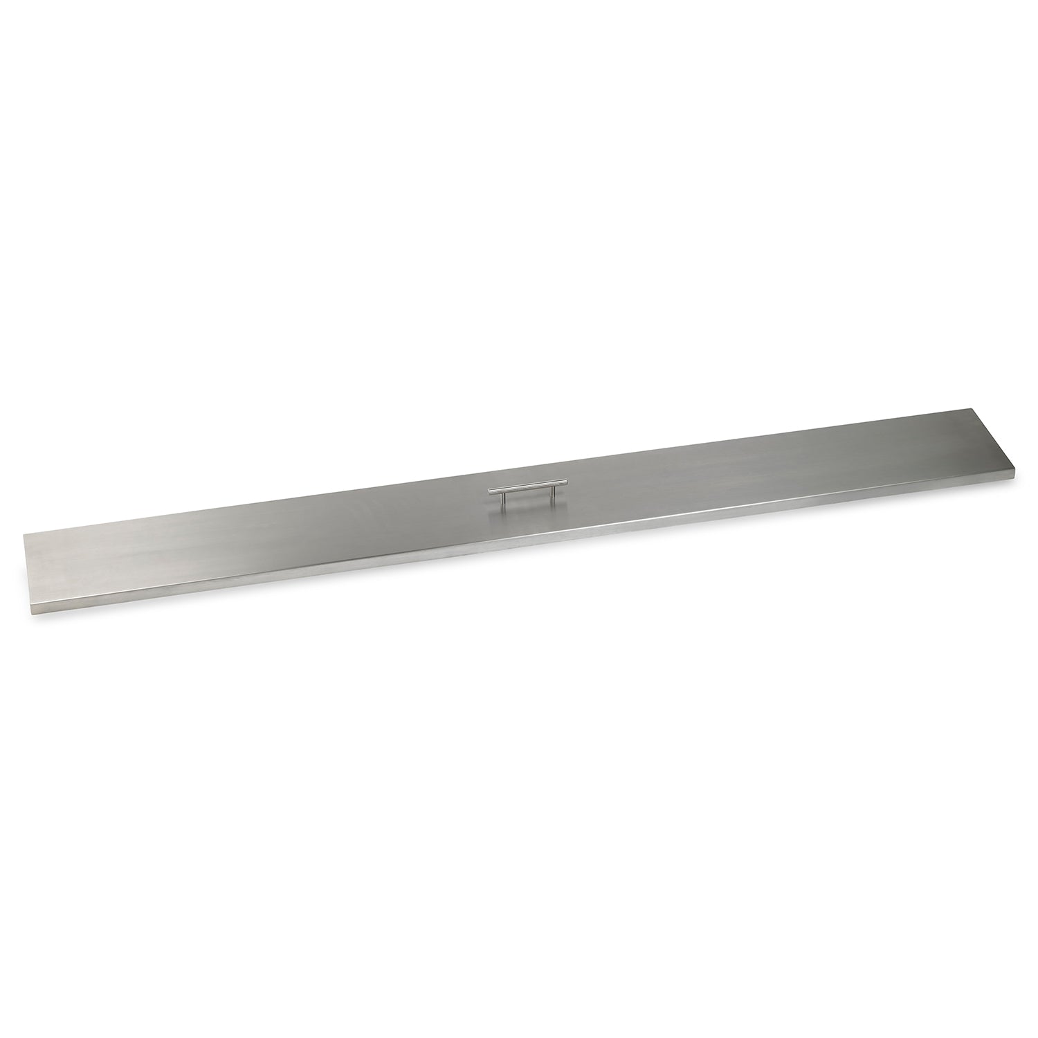 Linear stainless steel fire pit burner cover, long rectangular strip with center tab