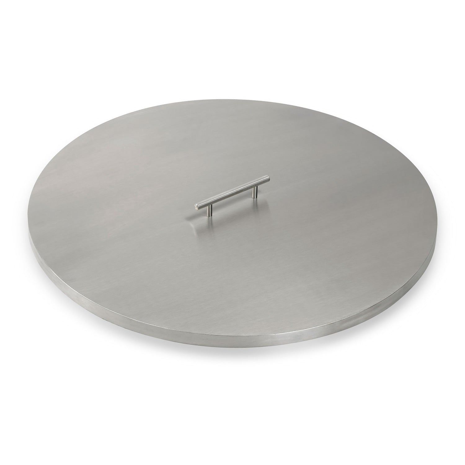 Round stainless steel fire pit burner cover with hinged handle, 28 in