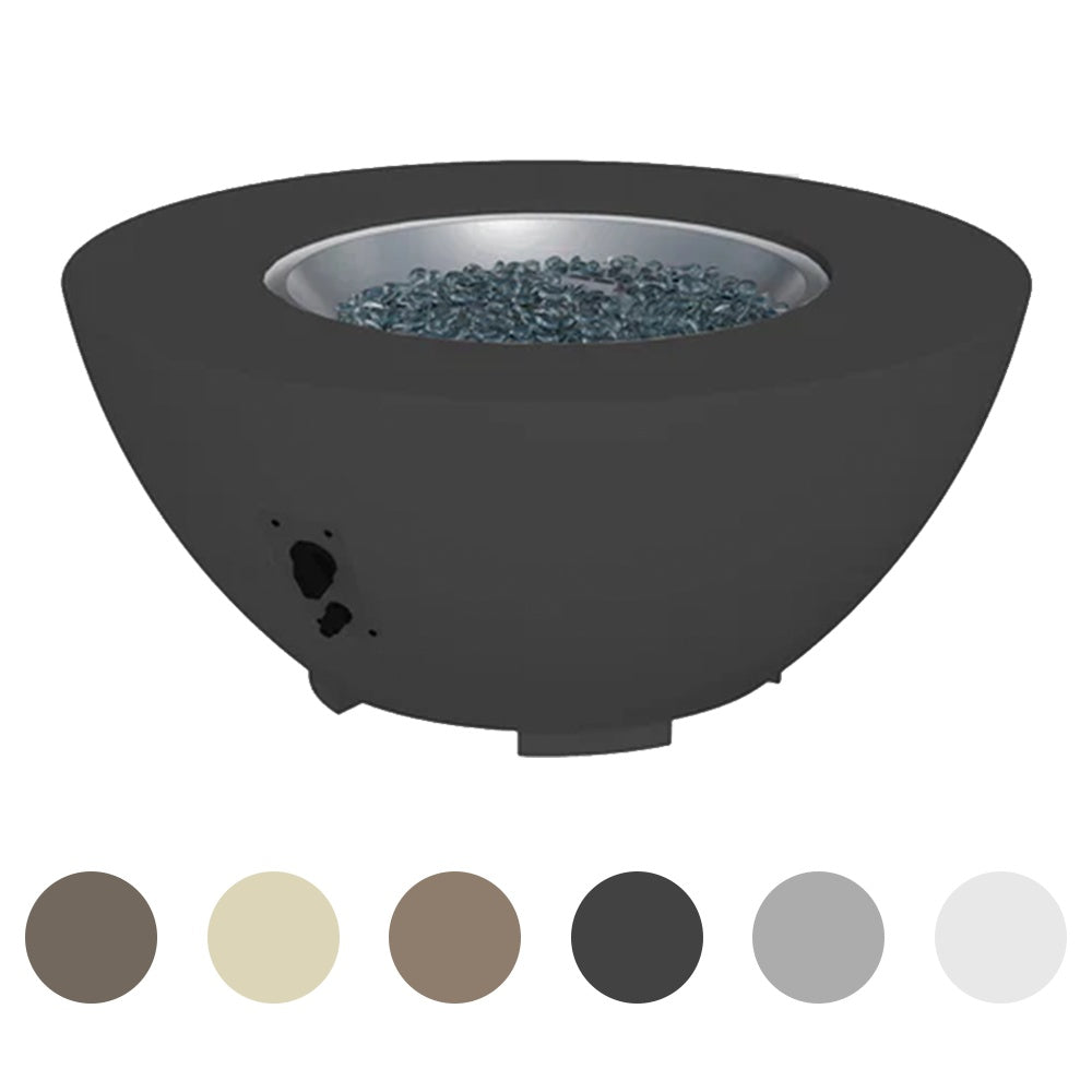 Dark grey gas fire pit bowl with blue glass lava rocks and side control panel
