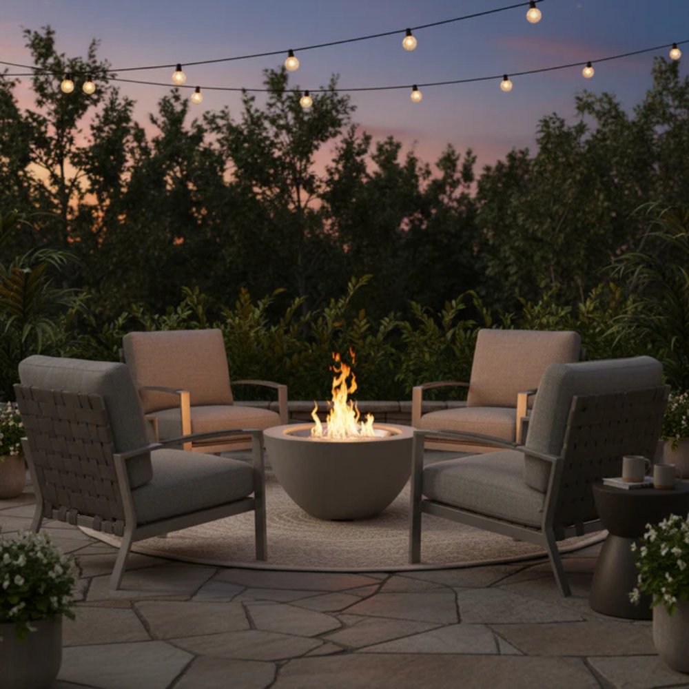 Grey outdoor gas fire pit bowl with flames in front of two lounge chairs