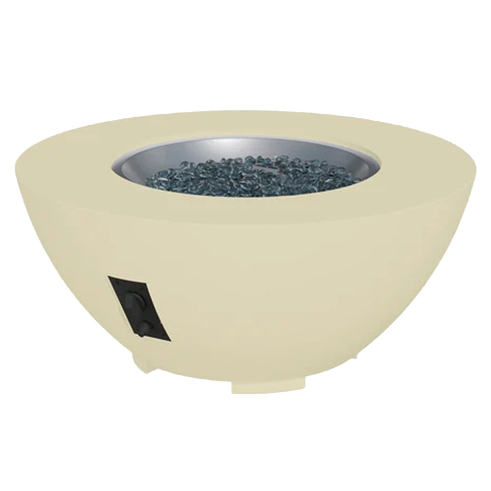 Cream gas fire pit bowl with blue glass lava rocks and black ignition module