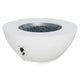 White bowl gas fire pit with blue glass rocks and side control knobs