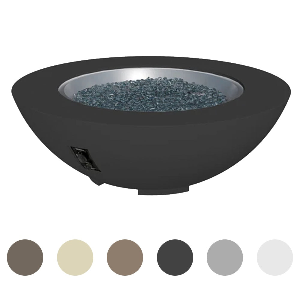 48-inch gas fire pit bowl with dark exterior and blue glass fire media
