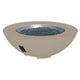 48-inch gas fire pit bowl in light stone with black burner control panel and dark fire glass