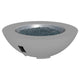 48-inch gas fire pit bowl in gray stone with black burner control panel and dark fire glass