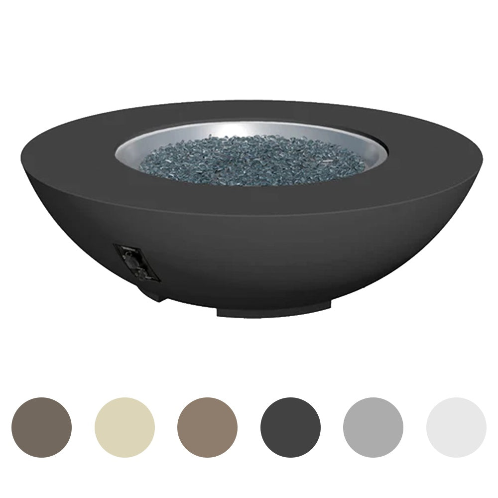 Gas fire pit bowl in dark charcoal with blue glass fire media and black control panel