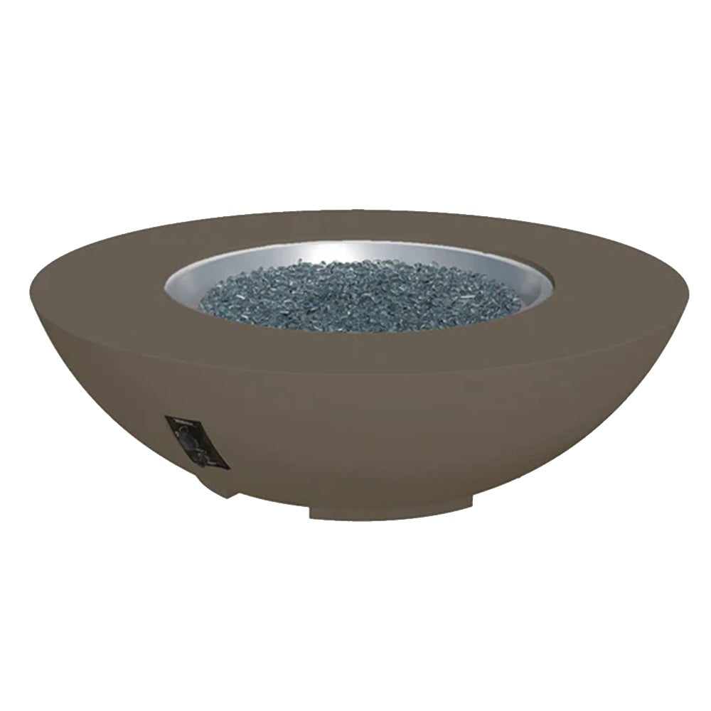 Earth-toned gas fire pit bowl with blue glass fire media and a black front control opening
