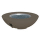 Earth-toned gas fire pit bowl with blue glass fire media and a black front control opening