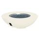 White gas fire pit bowl with blue glass fire media and a black front control opening