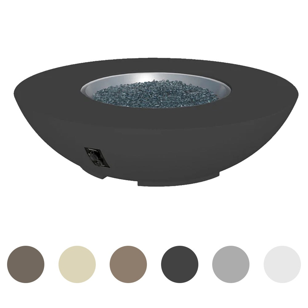 Cove bowl gas fire pit with dark exterior and blue glass fire media