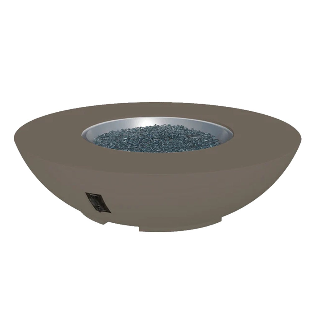 Cove bowl gas fire pit with taupe exterior and blue glass fire media