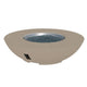 Round bowl gas fire pit with gray burner media, taupe shell and side vent panel.