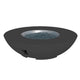 Round bowl gas fire pit with gray burner media, dark charcoal shell and side vent.