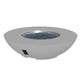 Round bowl gas fire pit with gray burner media, light gray shell and side vent panel.