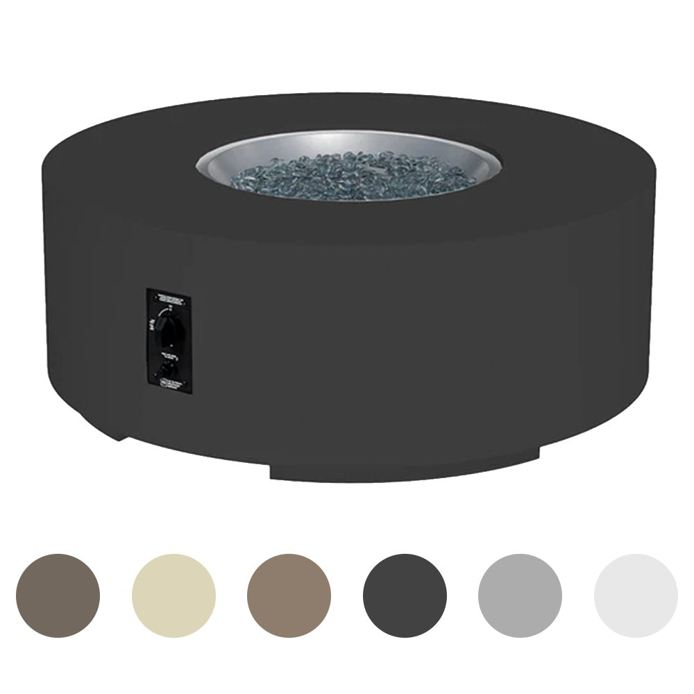 Round gas fire pit table with dark charcoal finish and black control panel