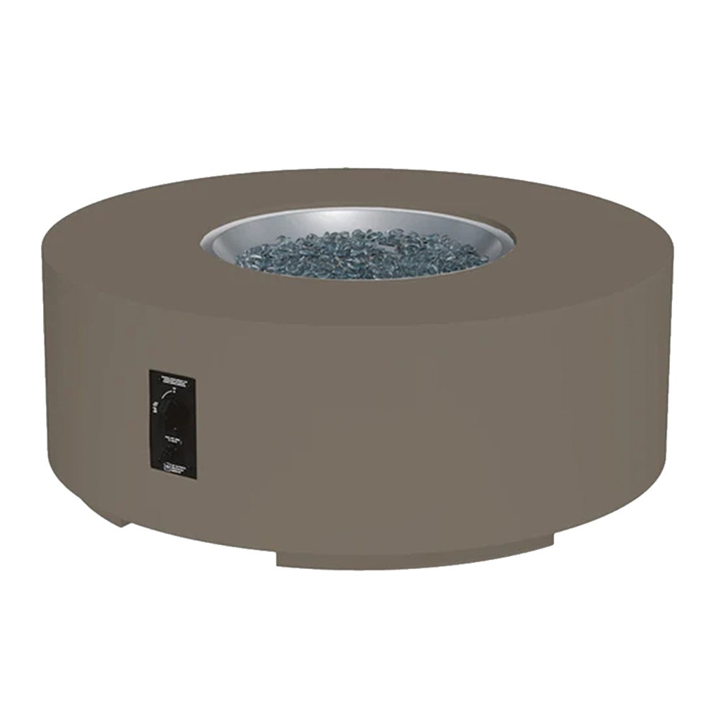 Round gas fire pit table in taupe finish with black control panel and burner opening