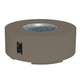 Round gas fire pit table in taupe finish with black control panel and burner opening