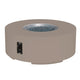 Round gas fire pit table with beige/stone base, round burner bowl, and control panel