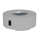 Round gas fire pit table with light gray base, inset burner bowl, and side control panel