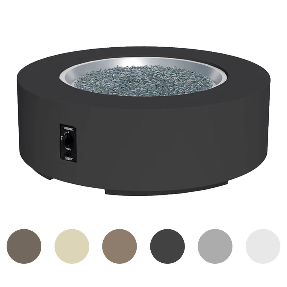 Round gas fire pit table with flame bowl and control panel, dark finish