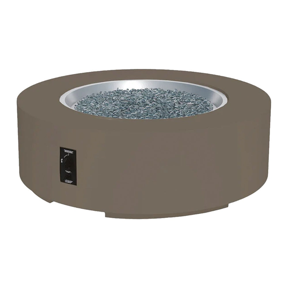 Round gas fire pit table with flame bowl, taupe concrete base and black control panel