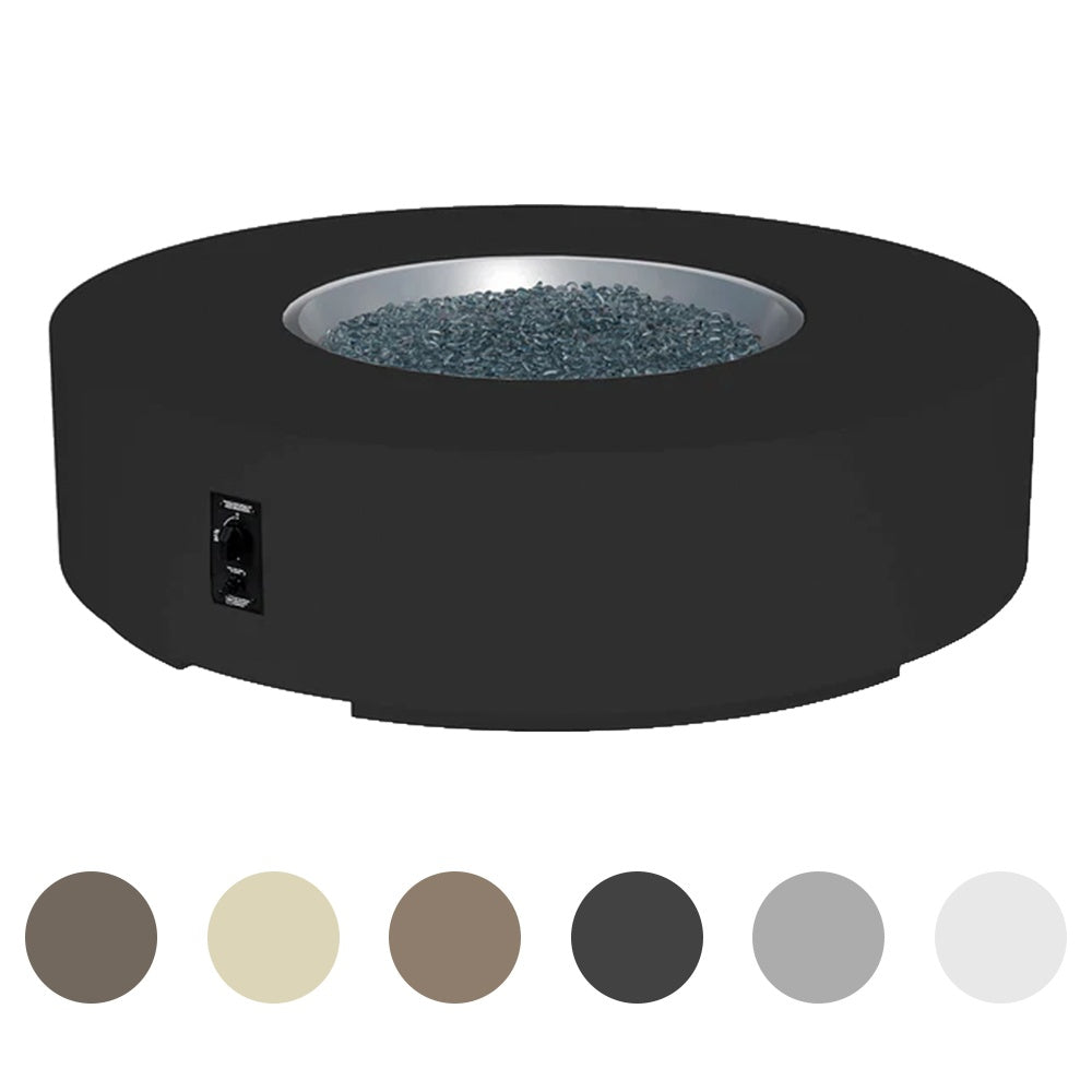 Round gas fire pit table in dark charcoal with side control panel and blue fire media