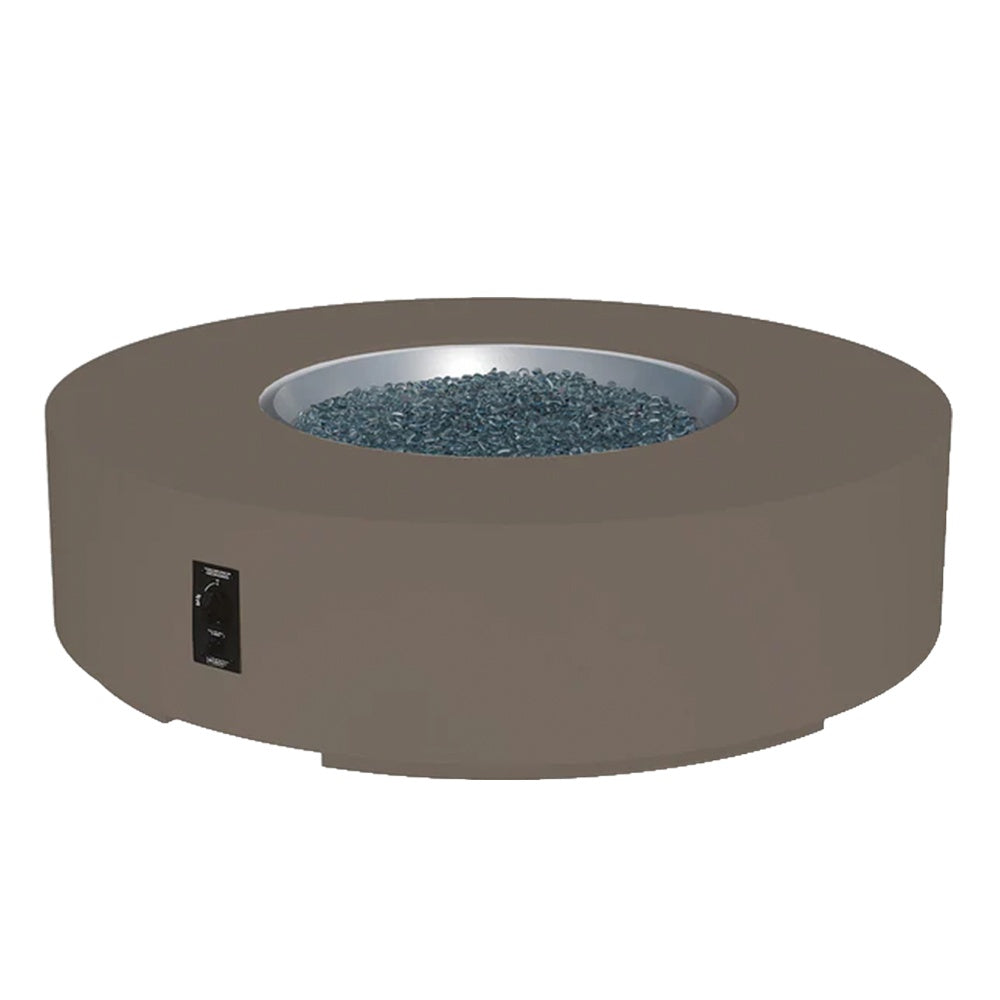 Round gas fire pit table in earth-toned taupe with side control panel and blue fire bed