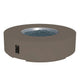 Round gas fire pit table in earth-toned taupe with side control panel and blue fire bed
