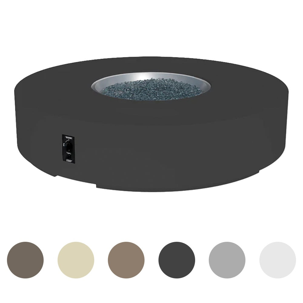 Charcoal round gas fire pit table with blue glass burner insert and side control panel