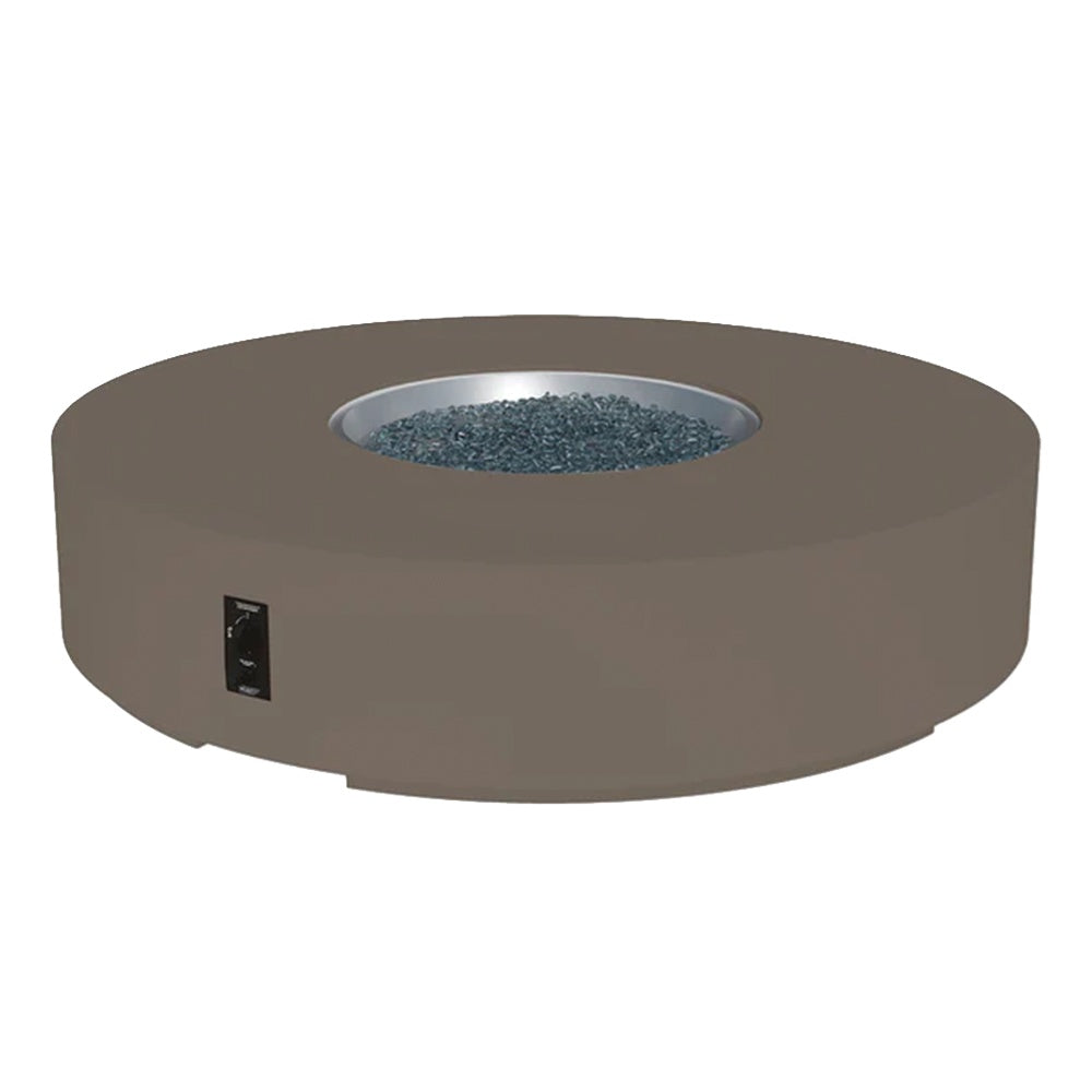 Brown round gas fire pit table with blue glass burner insert and side control panel